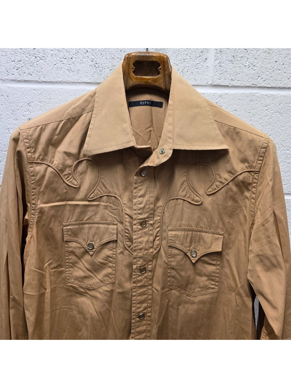 Gucci Vintage Snap button Western Shirt Beige Khaki 44 17.5  XL 22x32 Mens Shirt